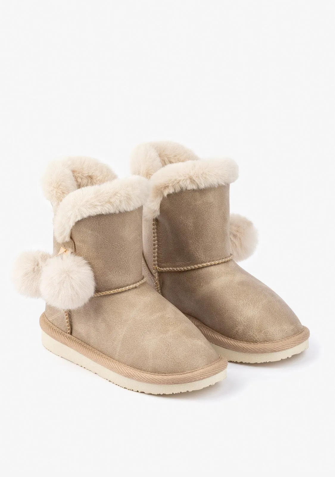 Beige Pompon Fur Australian Boots B&W