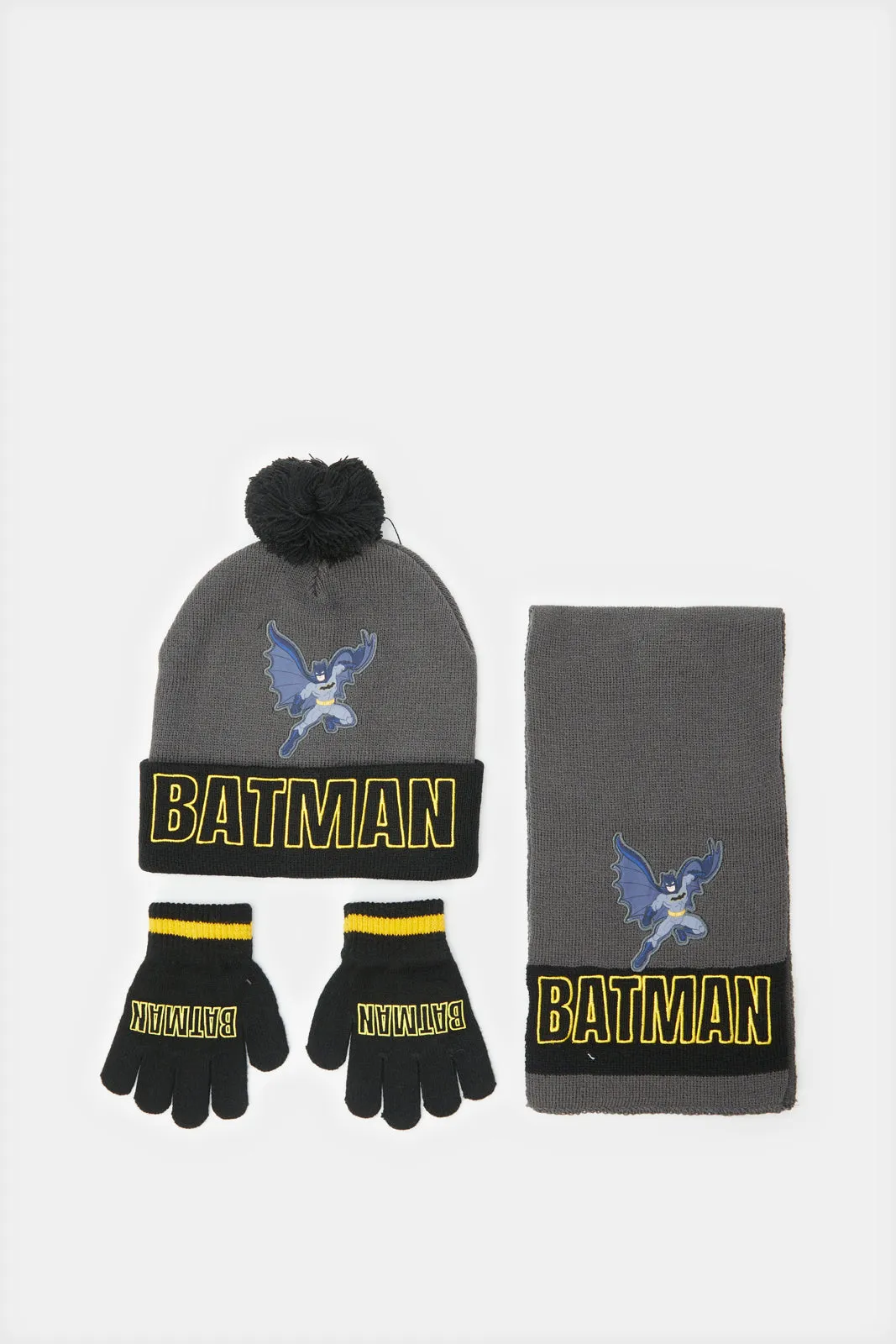 Boys Grey Batman Knitted Knitted Cap Set (3 Piece)