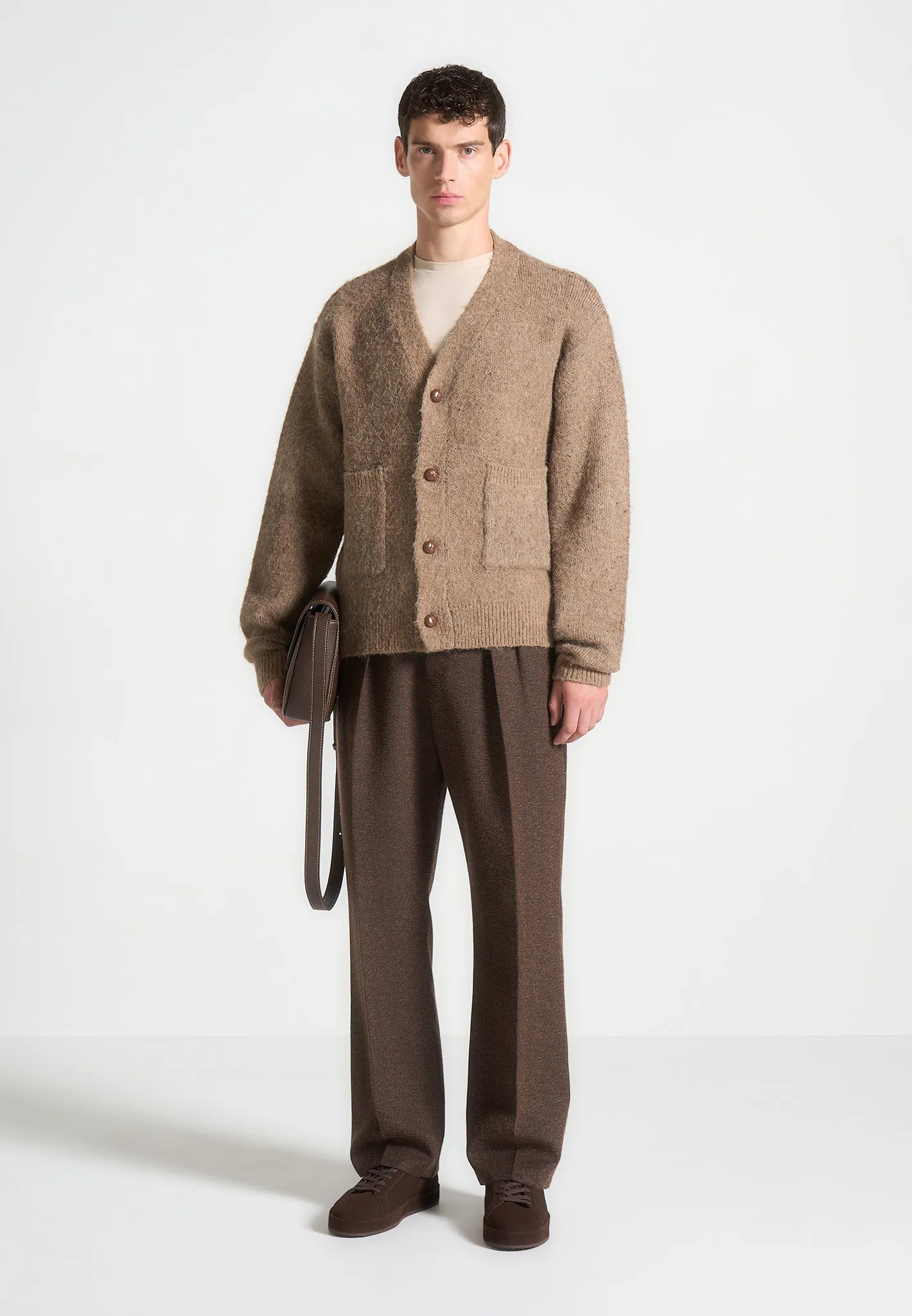 Brushed Wool Knit Cardigan - Beige