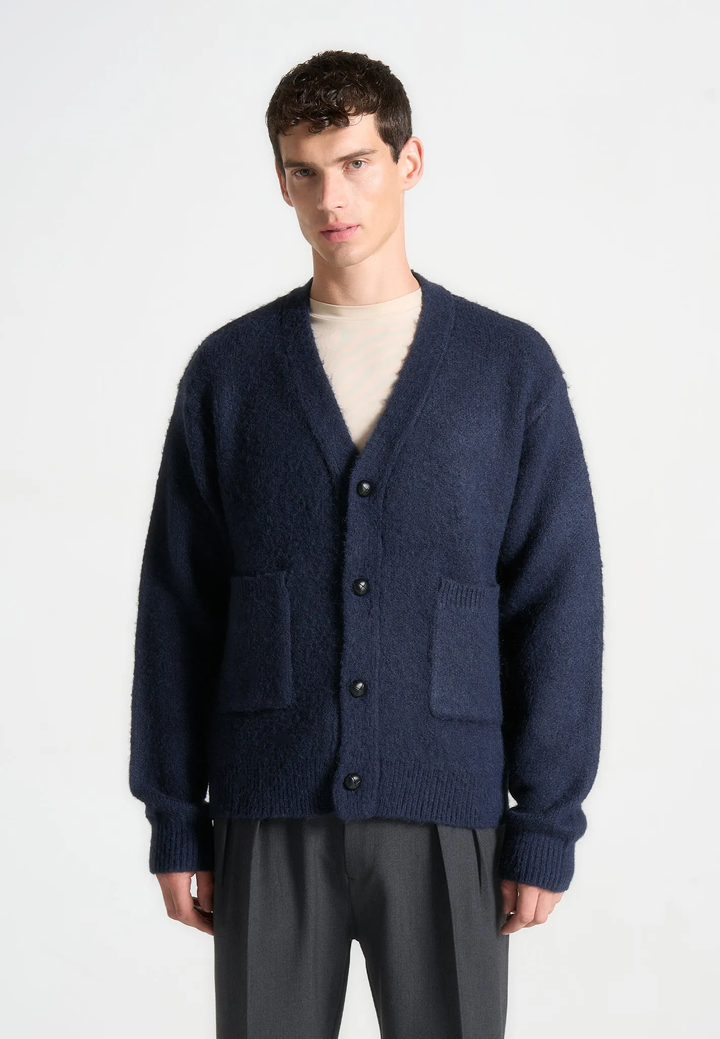 Brushed Wool Knit Cardigan - Navy