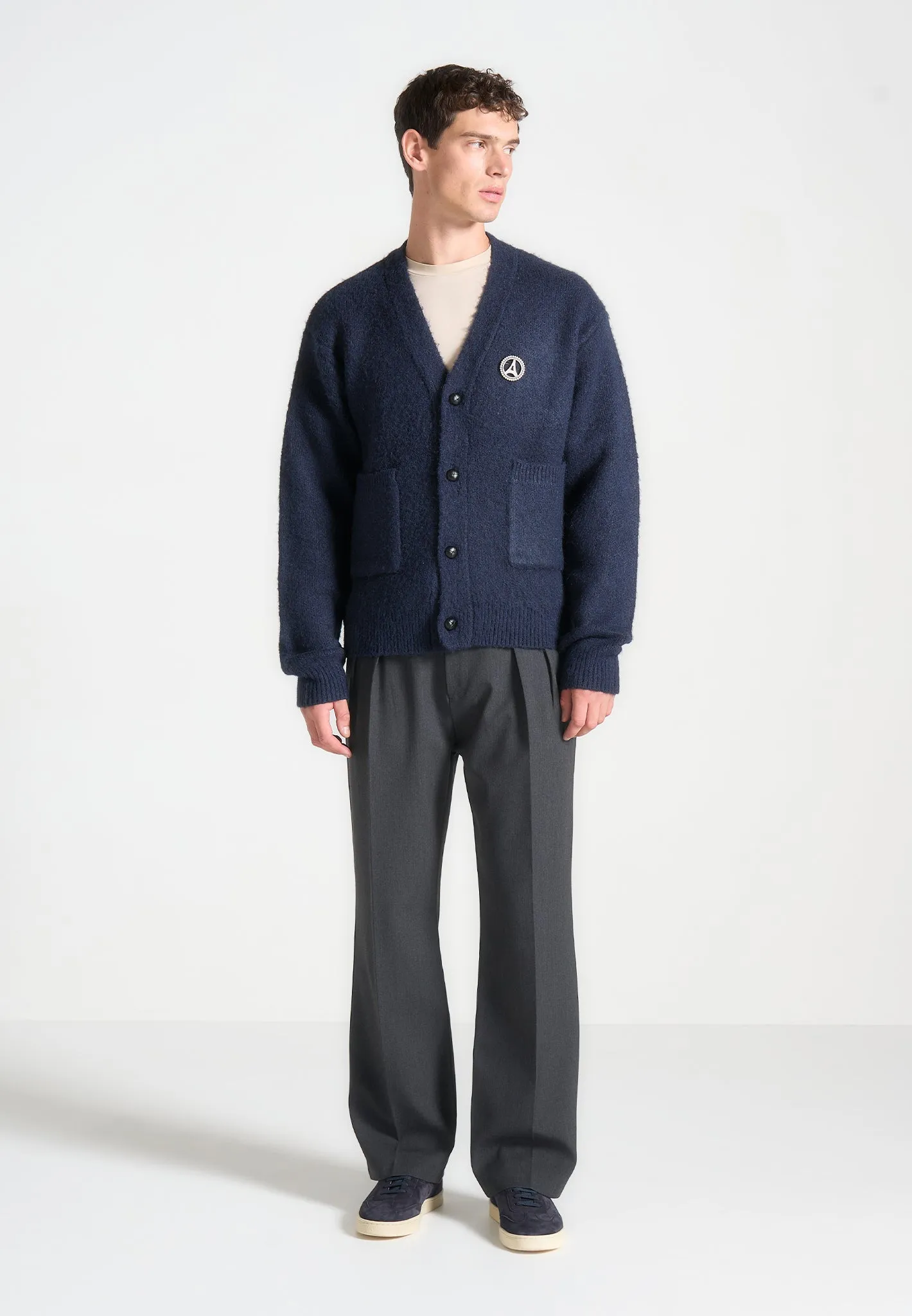 Brushed Wool Knit Cardigan - Navy