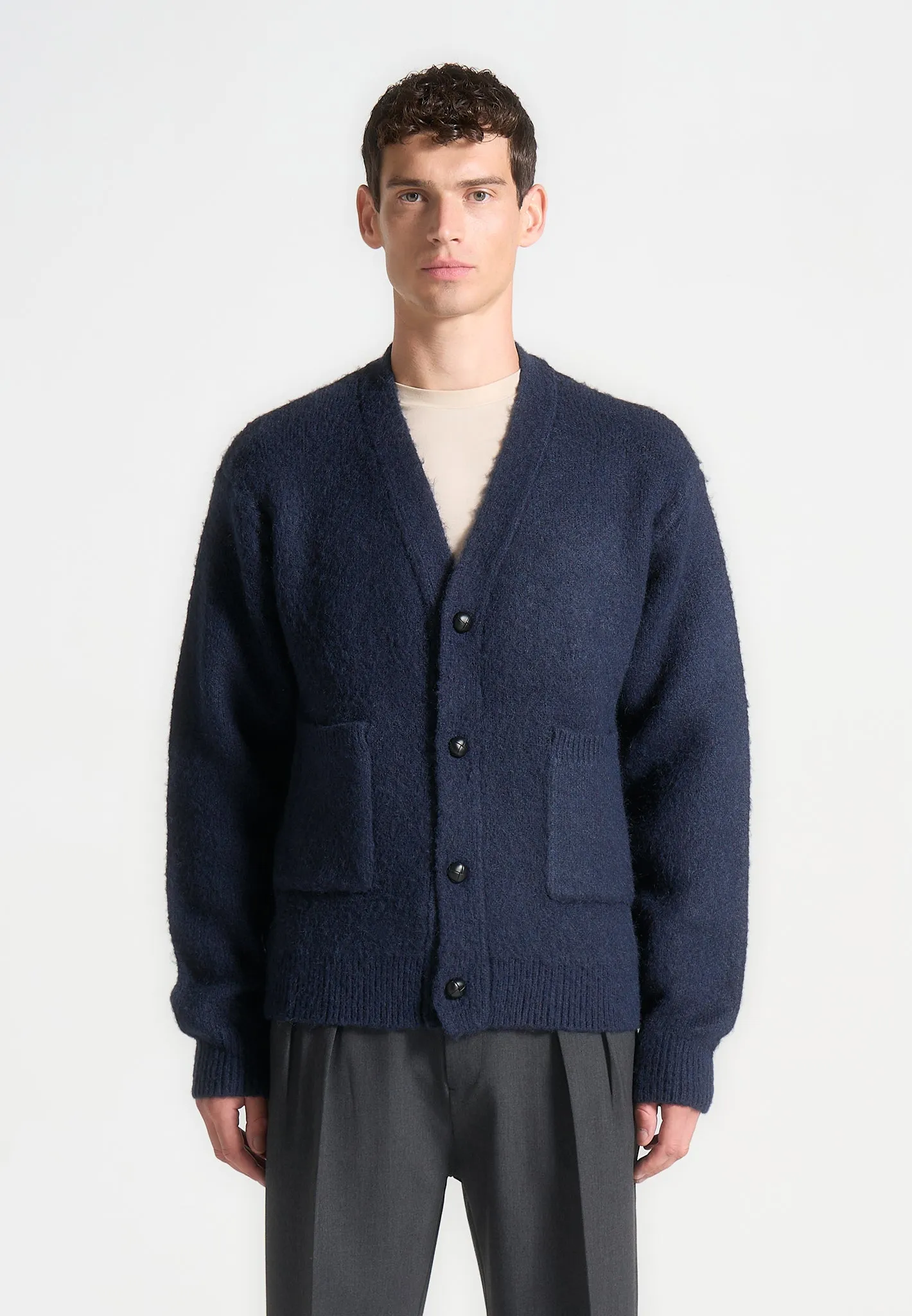 Brushed Wool Knit Cardigan - Navy