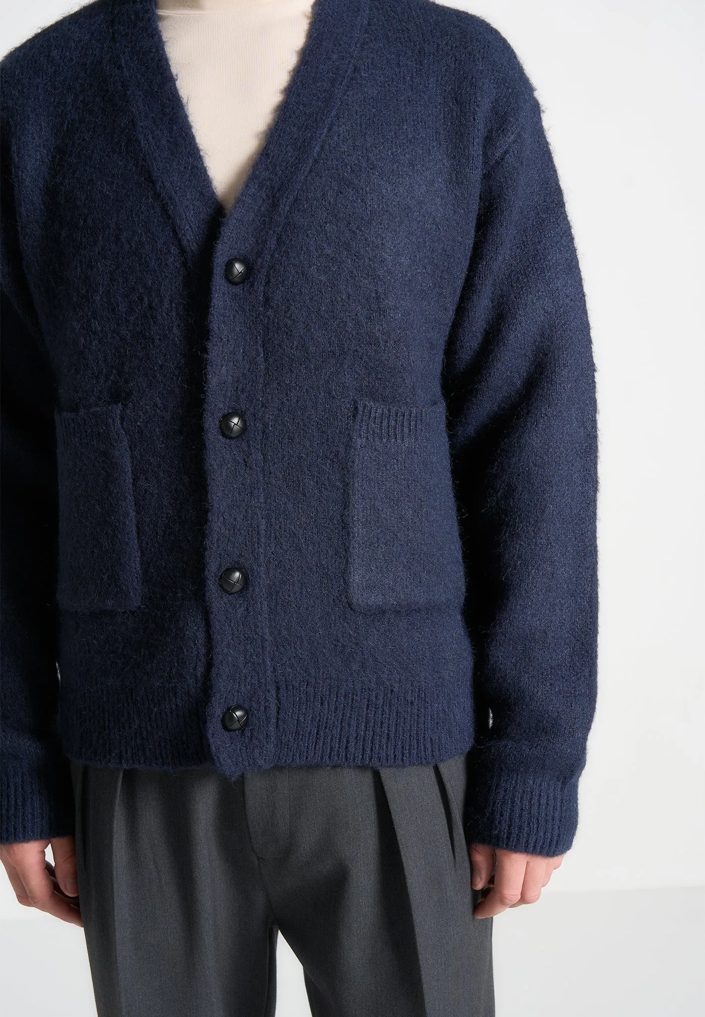 Brushed Wool Knit Cardigan - Navy