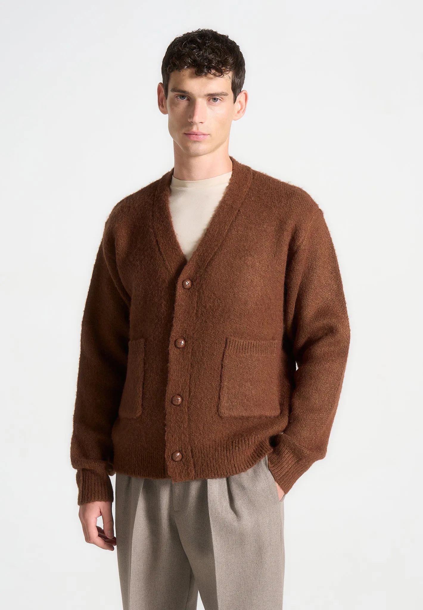 Brushed Wool Knit Cardigan - Rust