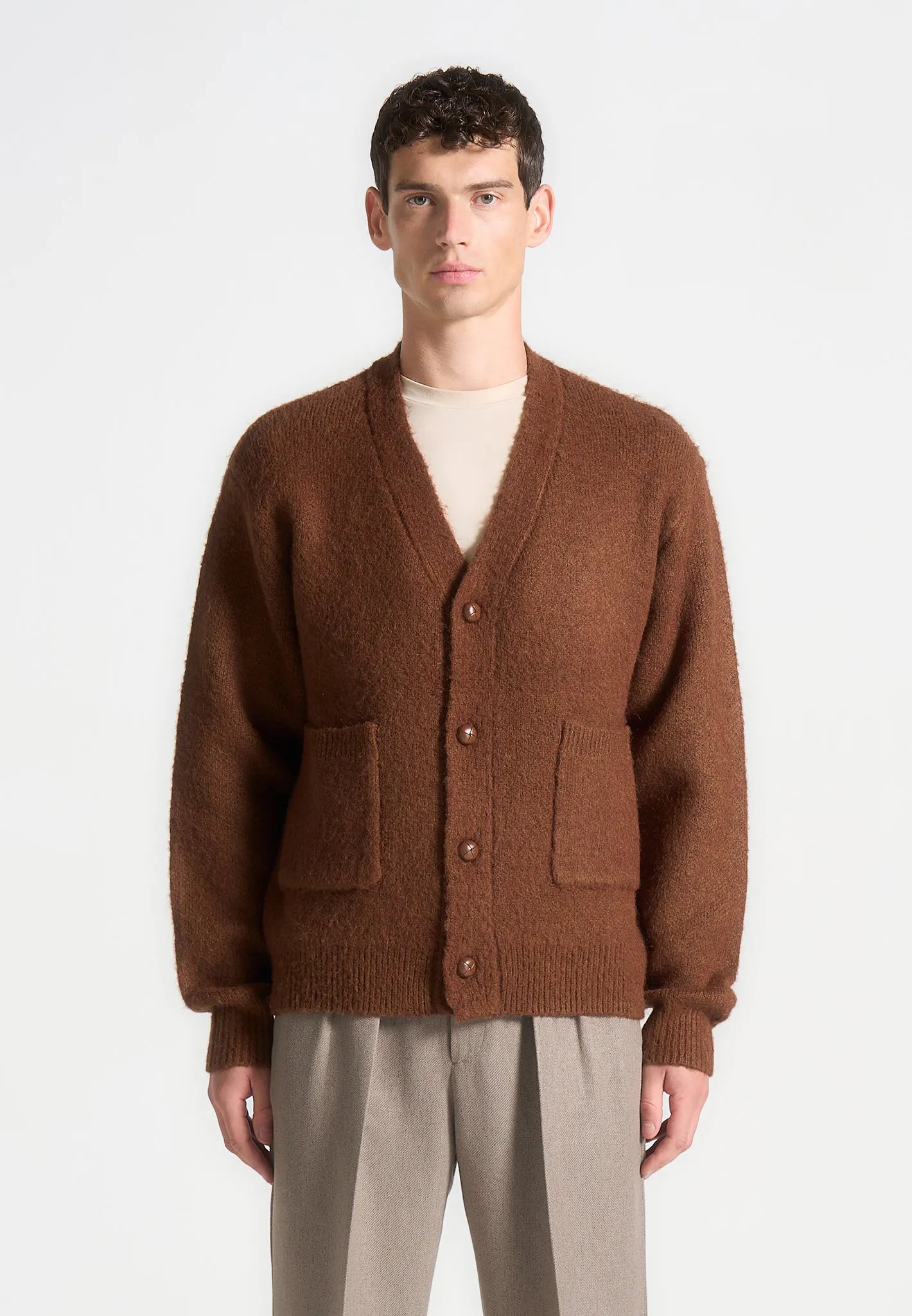 Brushed Wool Knit Cardigan - Rust