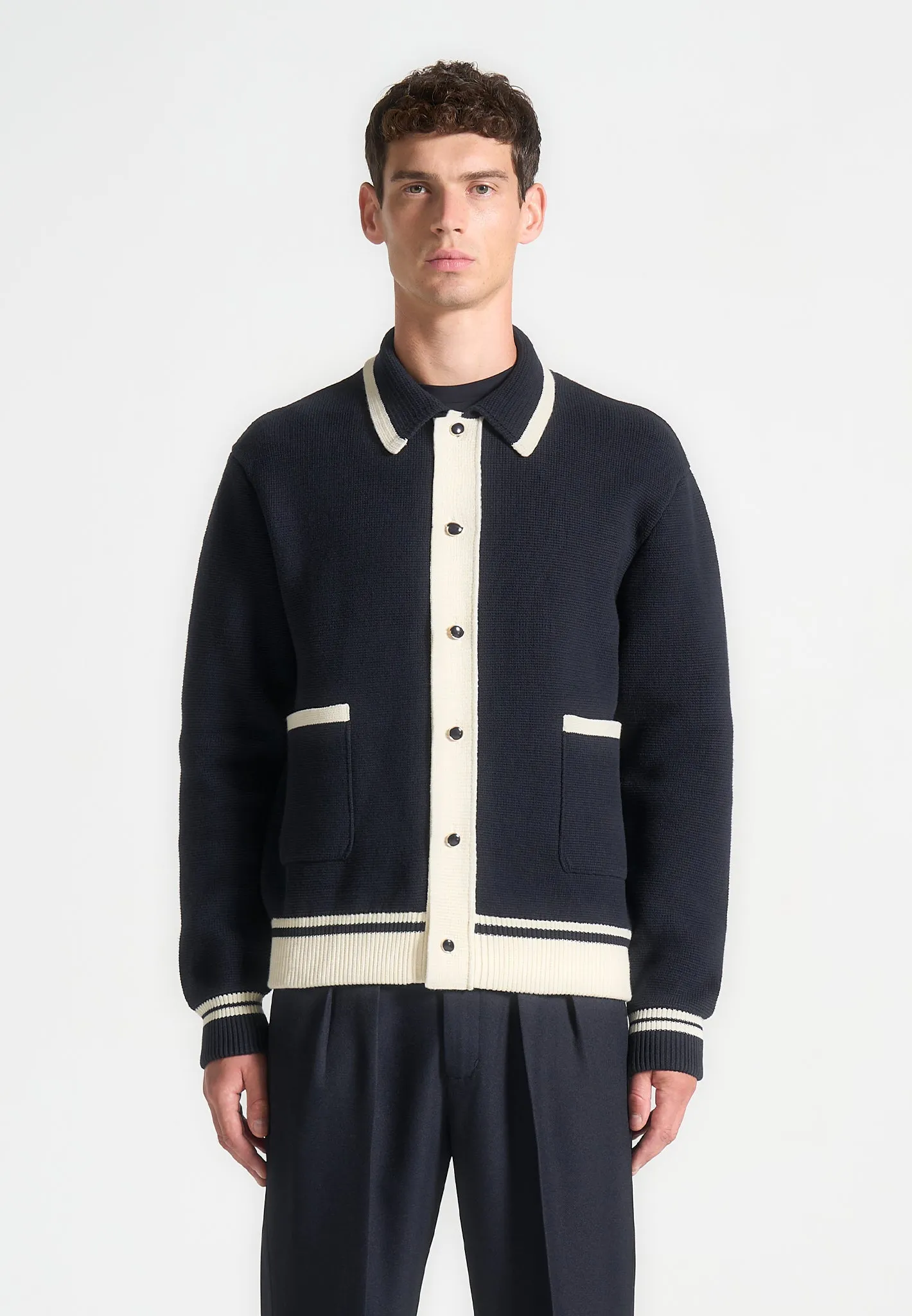 Classic Combed Cotton Knit Cardigan - Navy