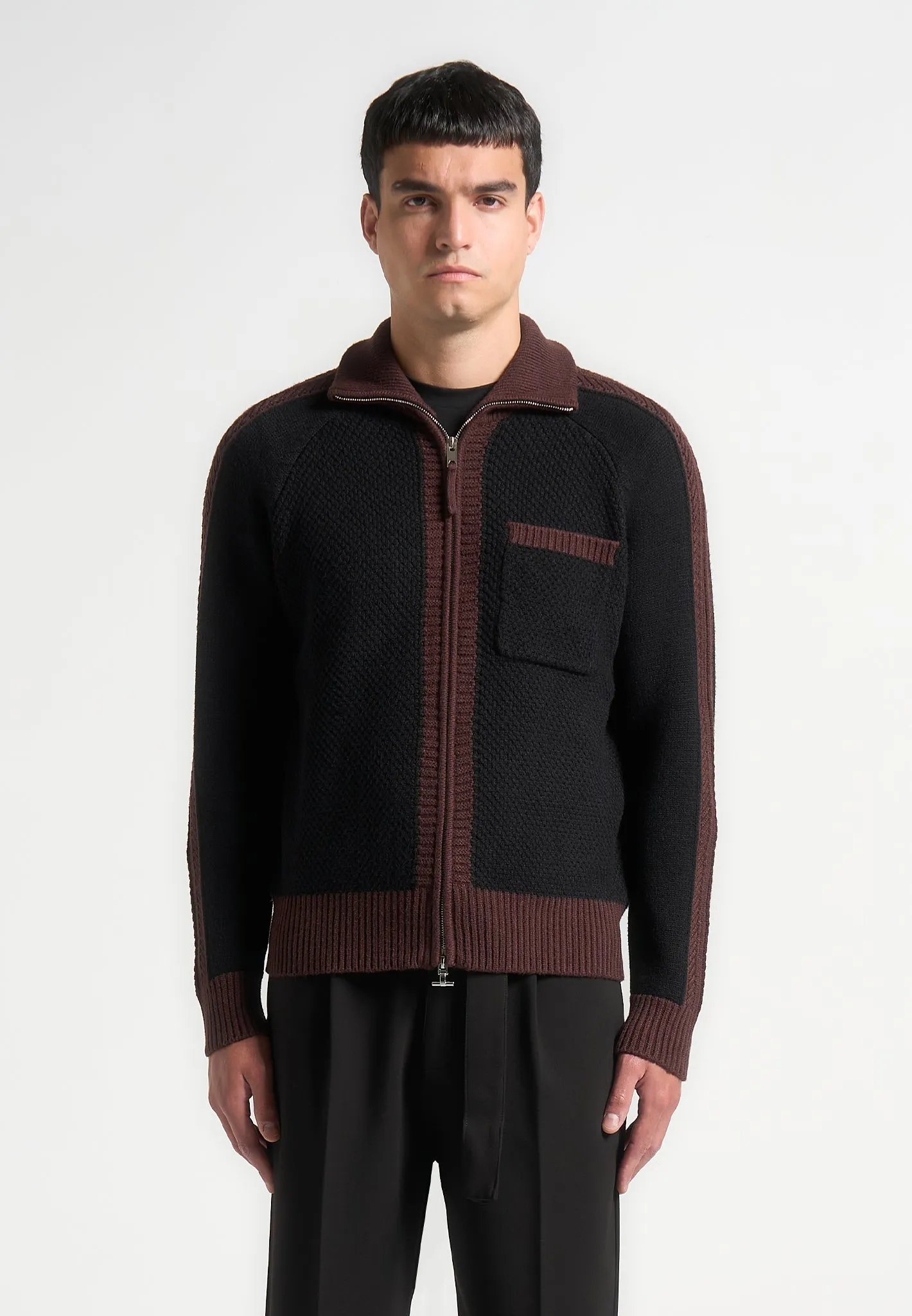 Colour Block Zip Through Cardigan - Black