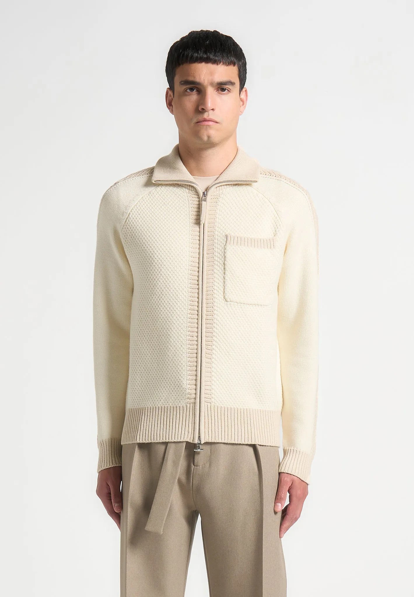 Colour Block Zip Through Cardigan - Cream