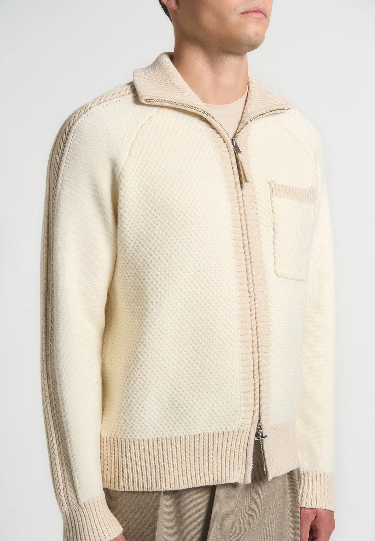 Colour Block Zip Through Cardigan - Cream