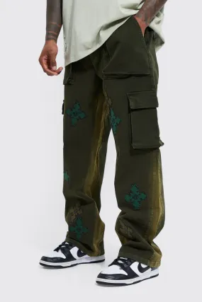 Fixed Waist Relaxed Cargo Applique Pants