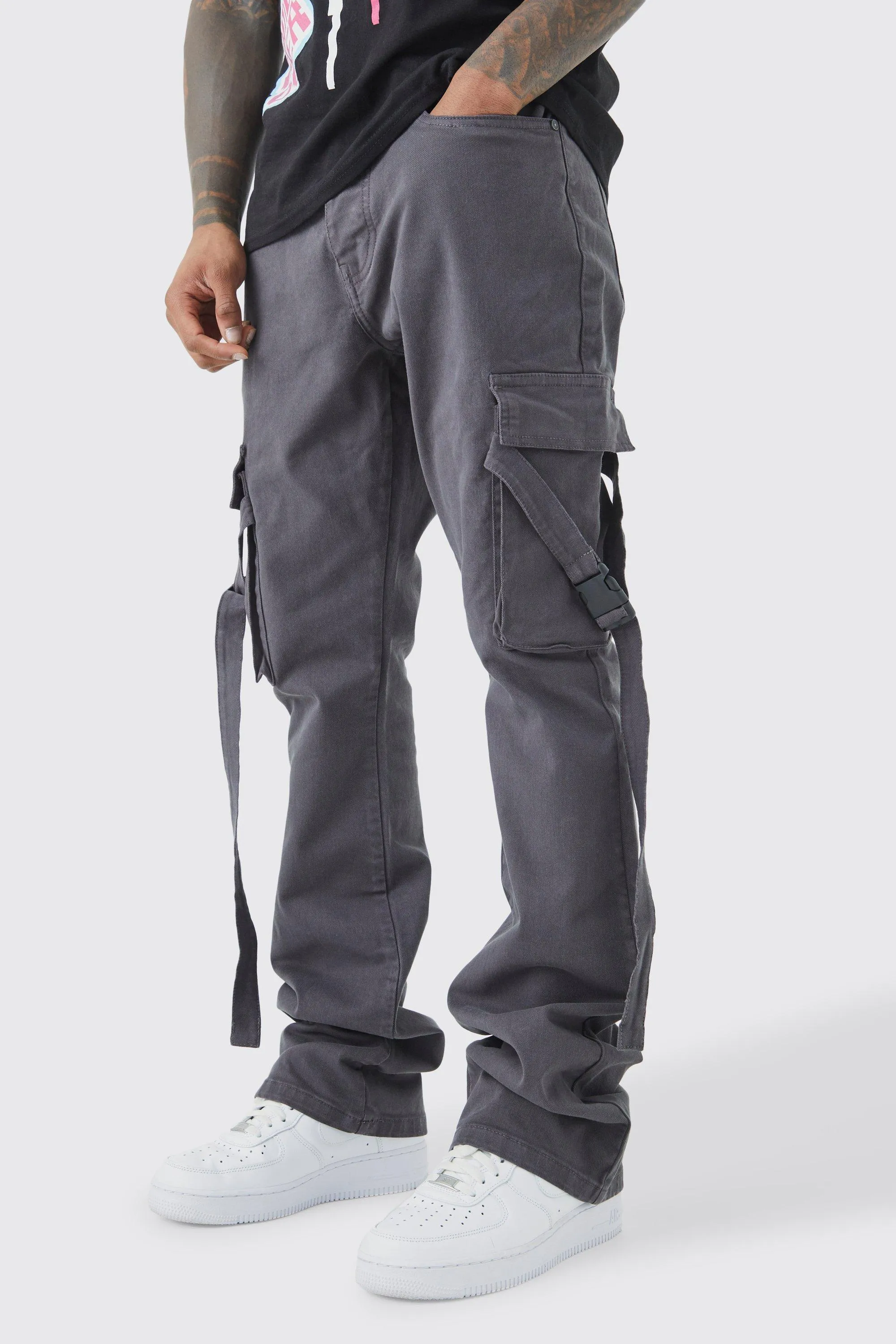 Fixed Waist Slim Stacked Flare Strap Cargo Pants