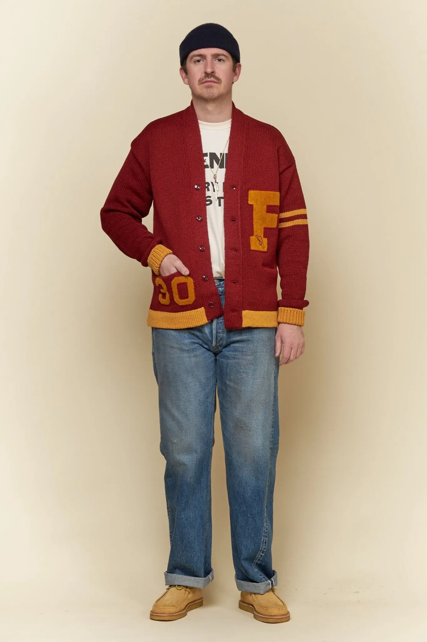 Fullcount Husk Wool Letterman Cardigan - Burgundy