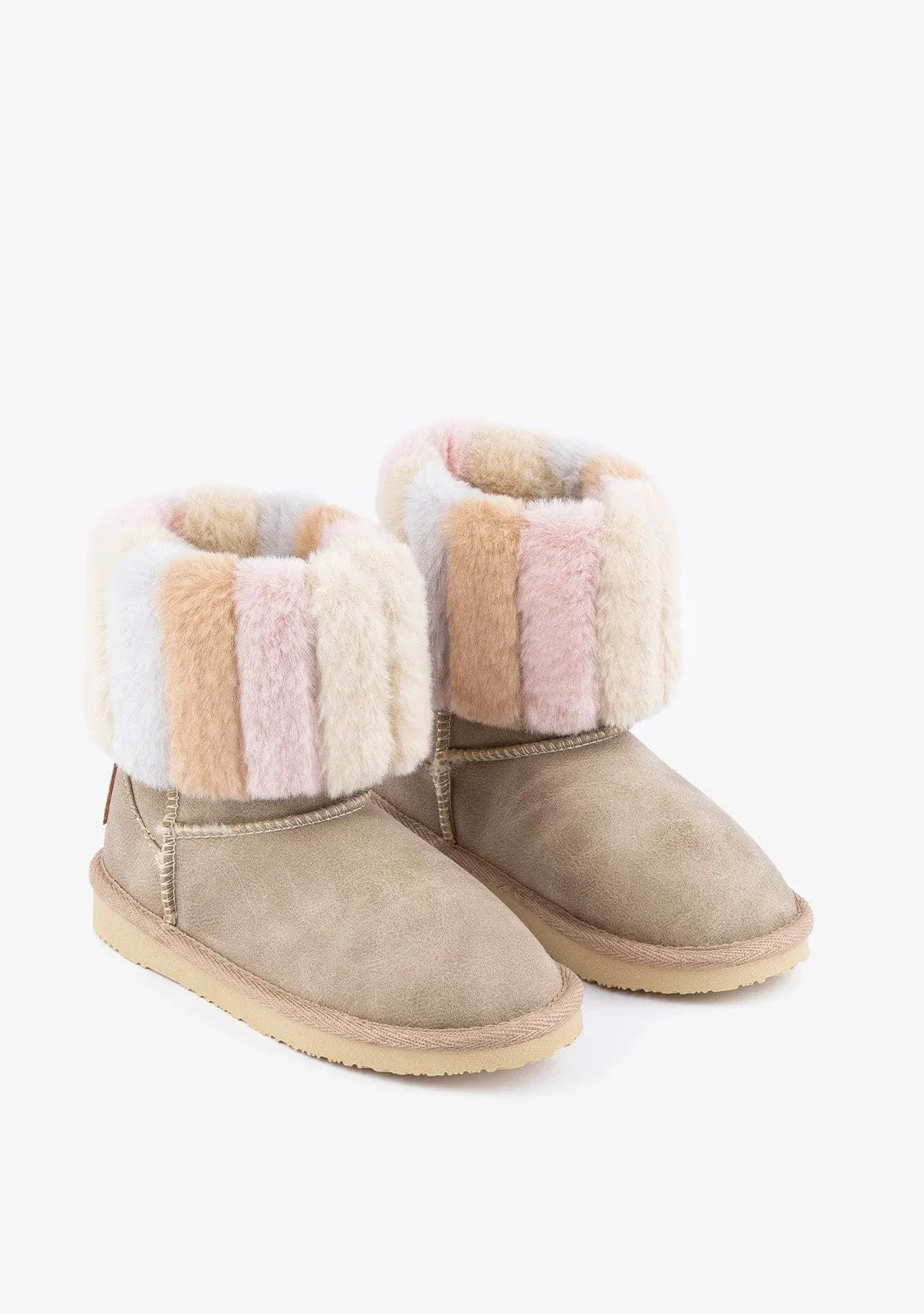 Girl's Beige Fur Australian Boots Nobuck B&W