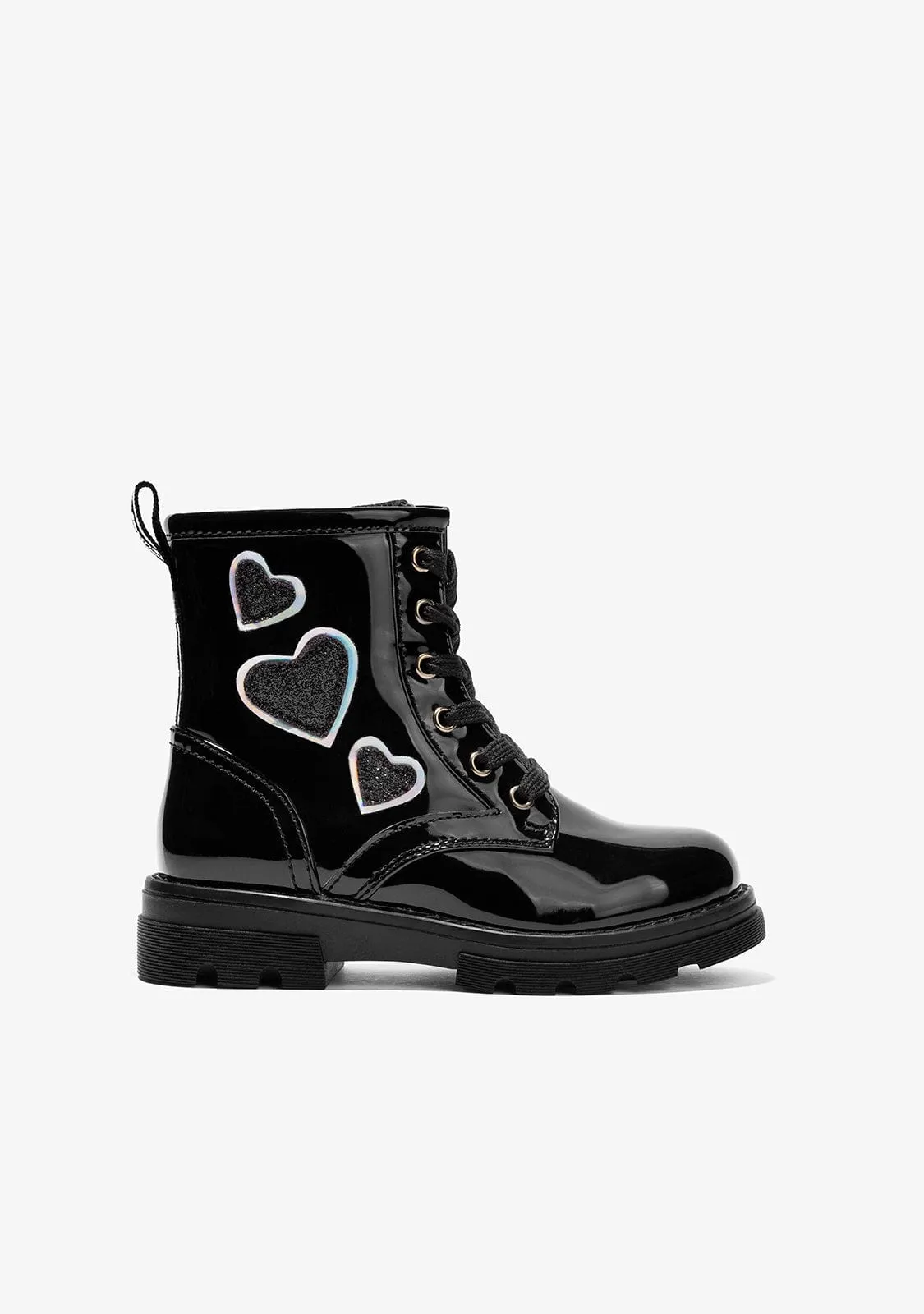 Girl's Black Patent Ankle Boots With Glitter Hearts