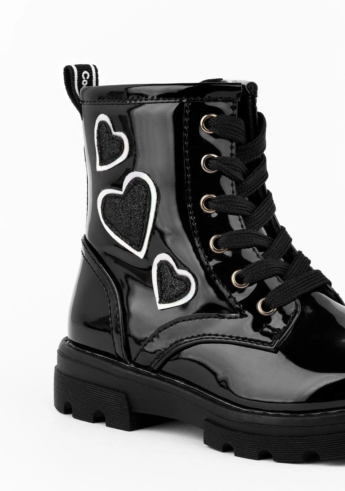 Girl's Black Patent Ankle Boots With Glitter Hearts