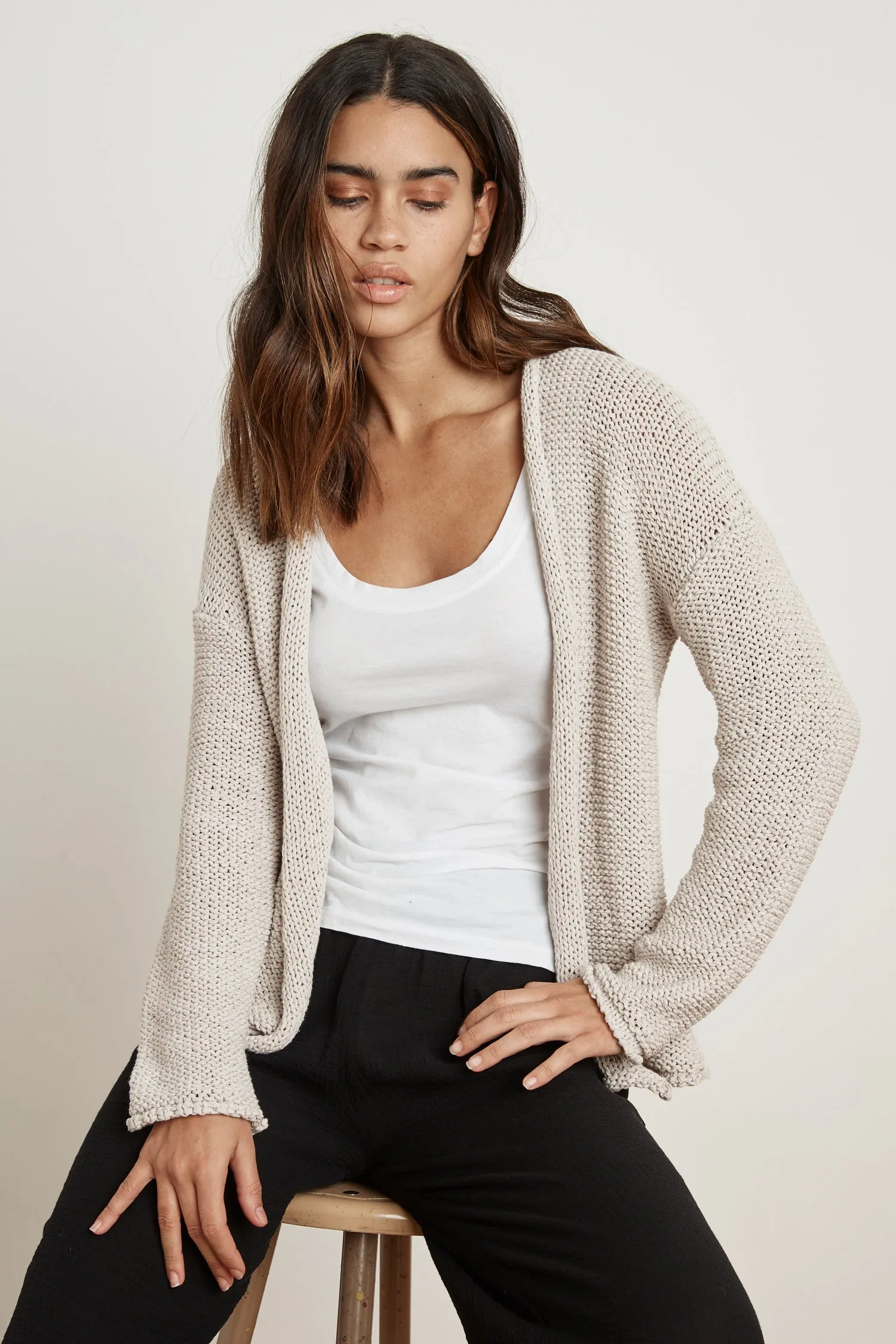 JAZ TEXTURED TAPE YARN CARDIGAN IN PUTTY