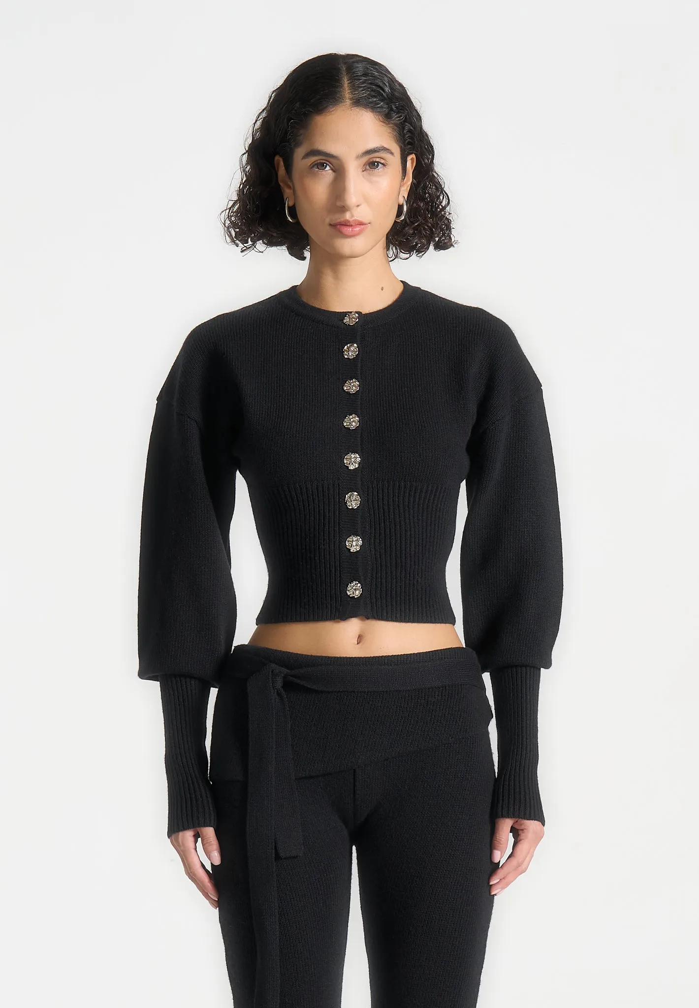 Knitted Cinch Waist Cardigan - Black