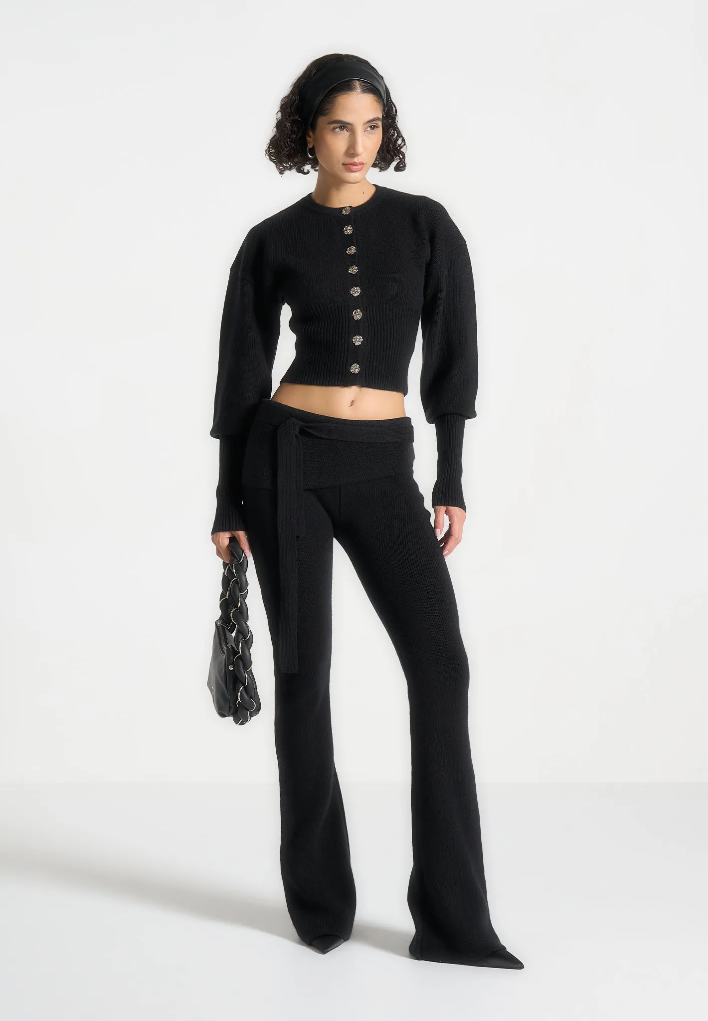 Knitted Cinch Waist Cardigan - Black