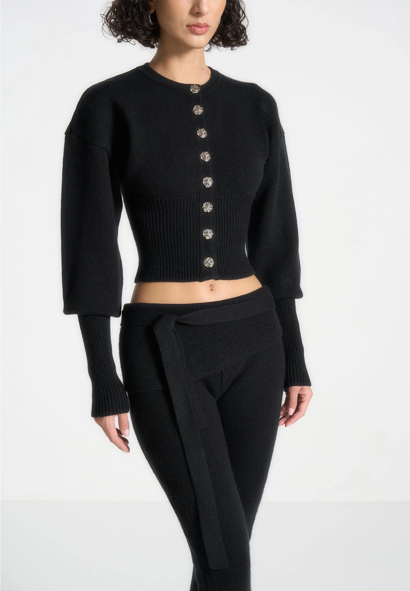 Knitted Cinch Waist Cardigan - Black