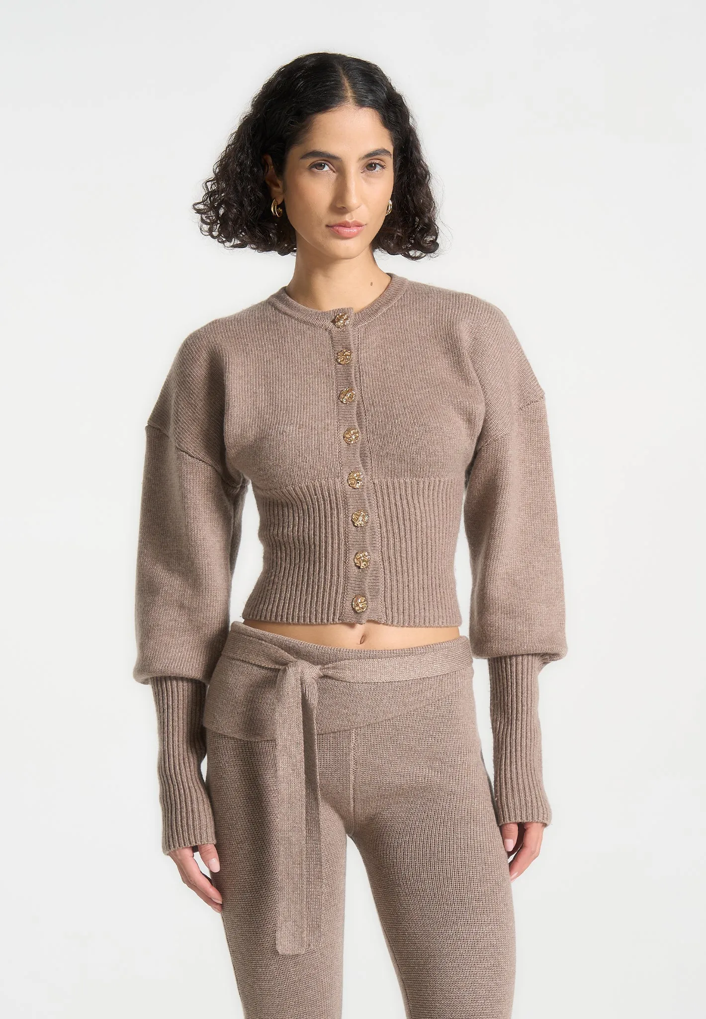 Knitted Cinch Waist Cardigan - Taupe