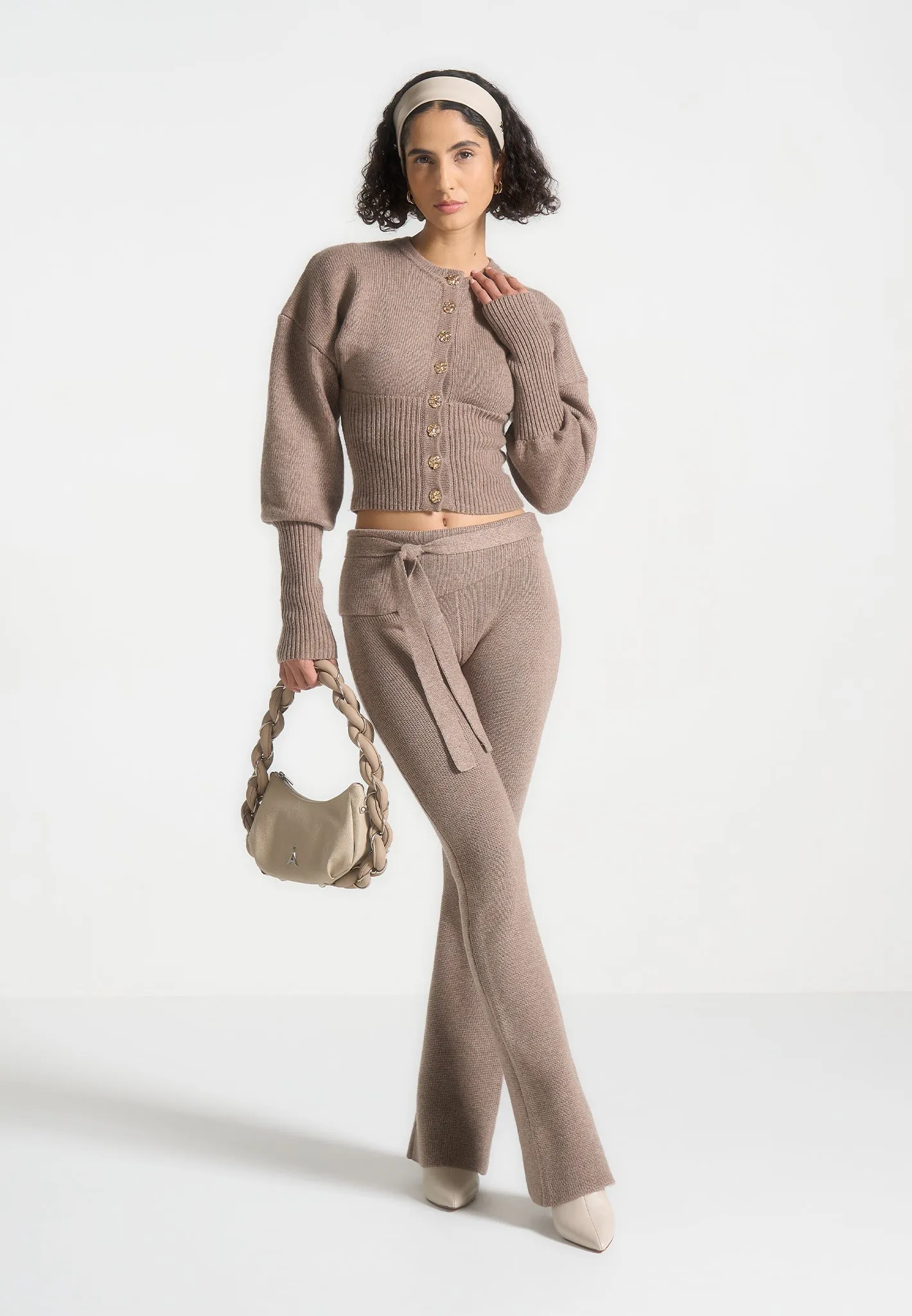 Knitted Cinch Waist Cardigan - Taupe