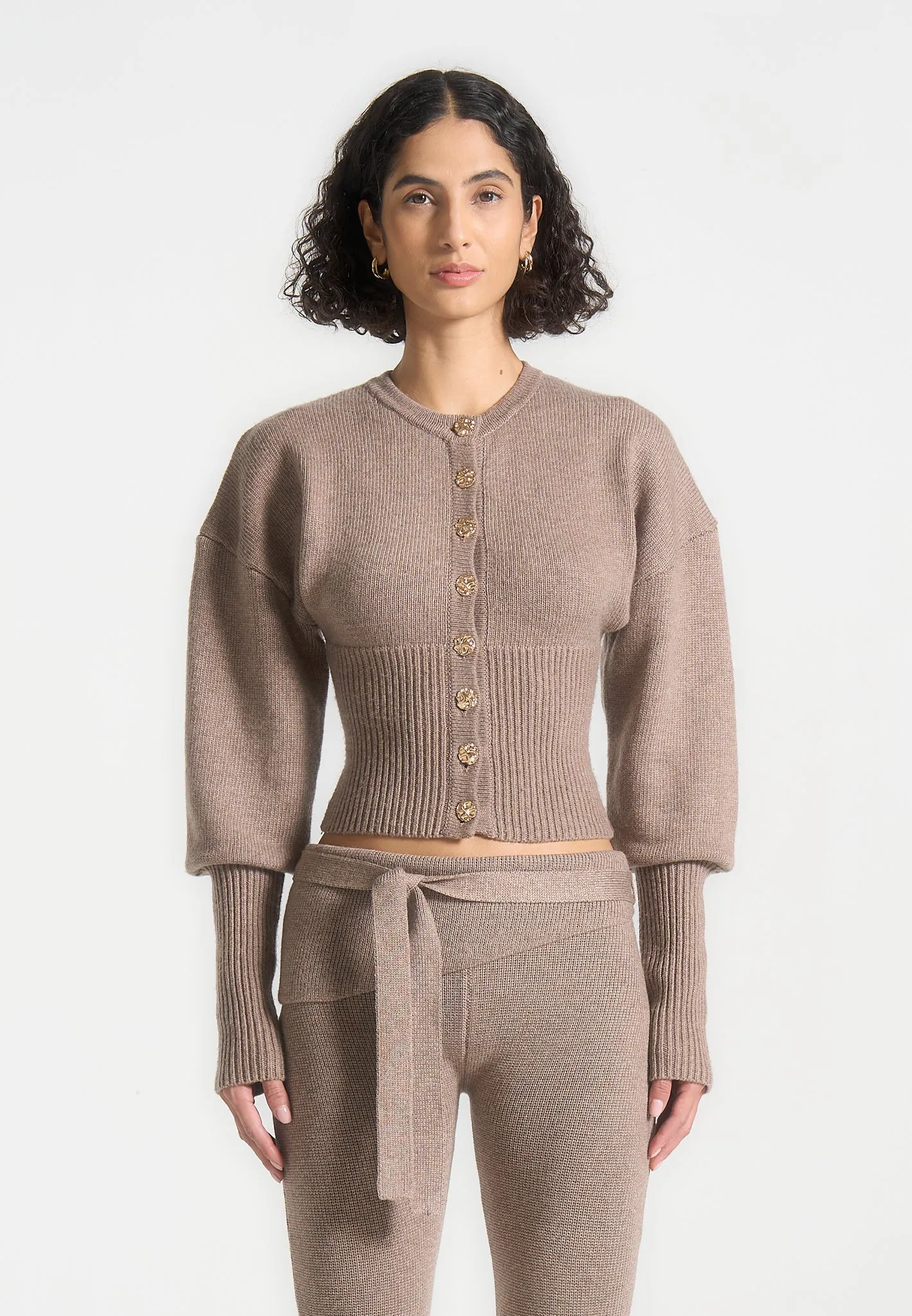 Knitted Cinch Waist Cardigan - Taupe