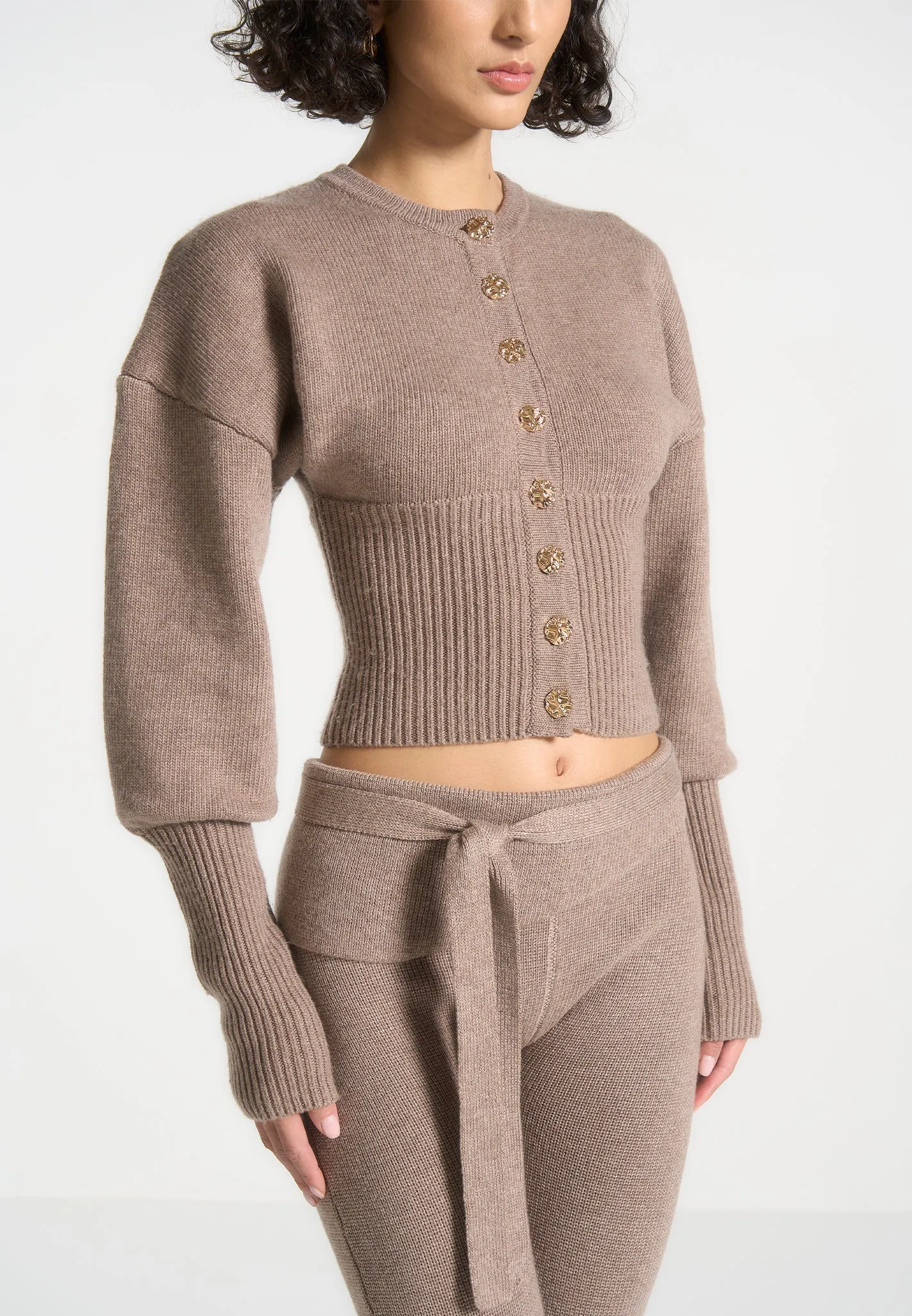 Knitted Cinch Waist Cardigan - Taupe