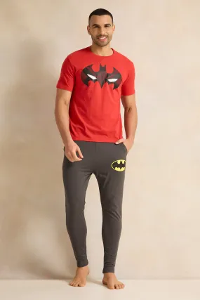 Men Grey And Red Batman Print Pyjama Set (2 Piece)