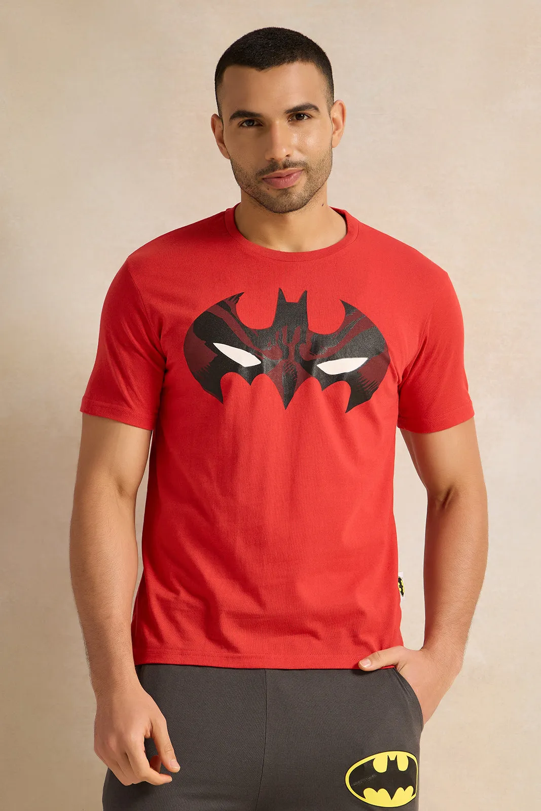 Men Grey And Red Batman Print Pyjama Set (2 Piece)