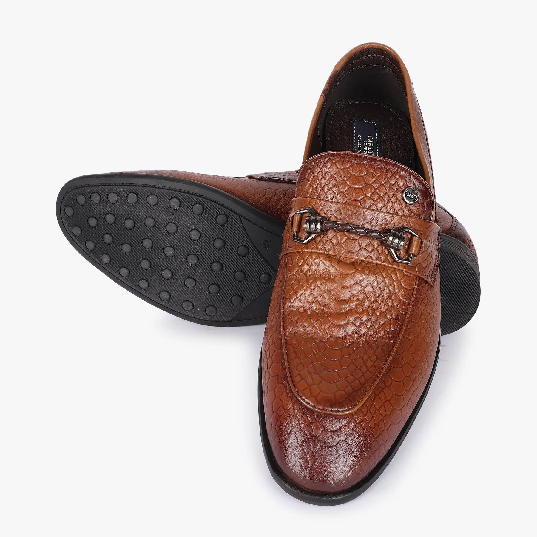 Men Tan Snakeskin Leather Loafers