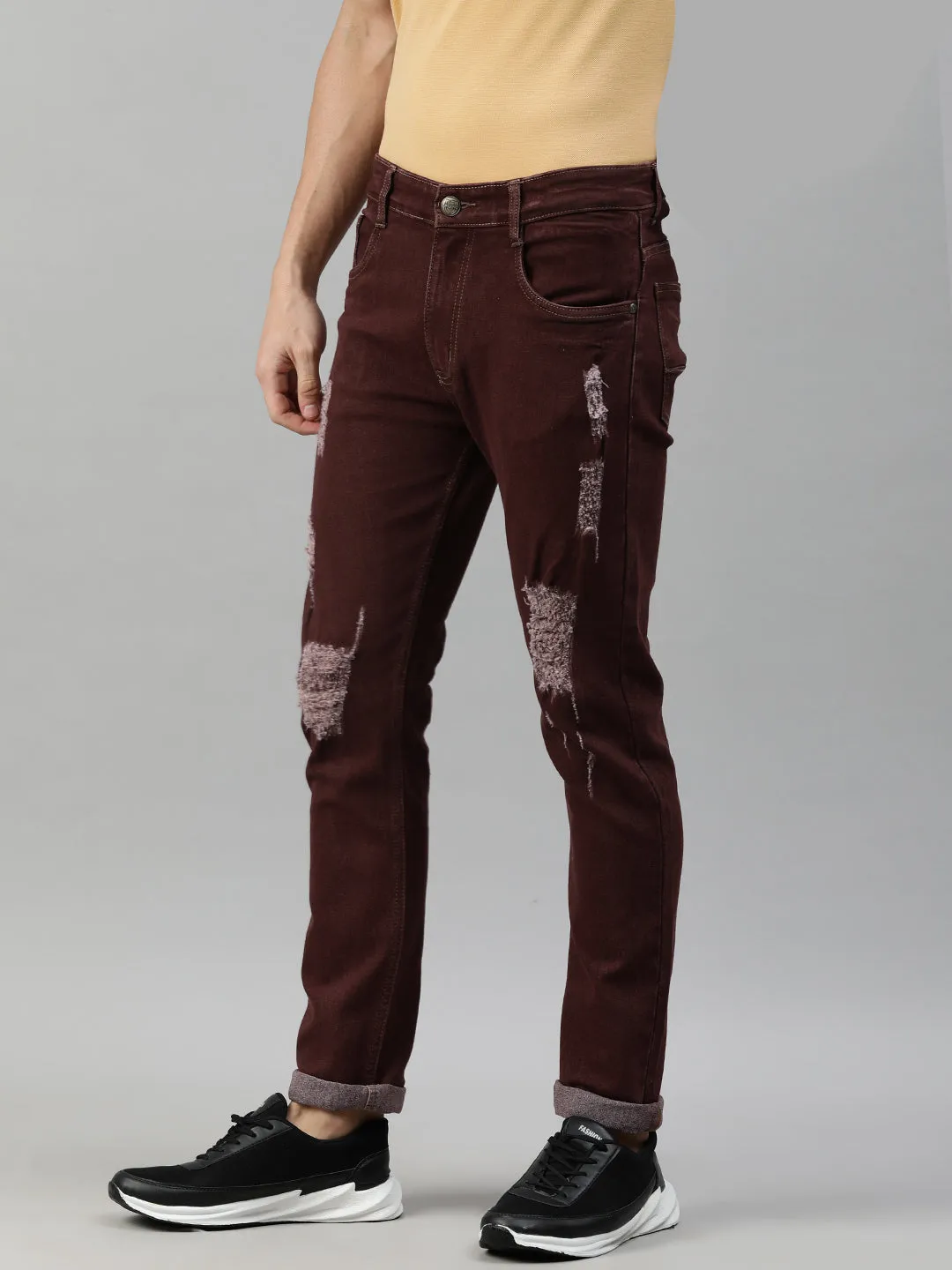 Men's Brown Slim Fit Heavy Distressed/Torn Jeans