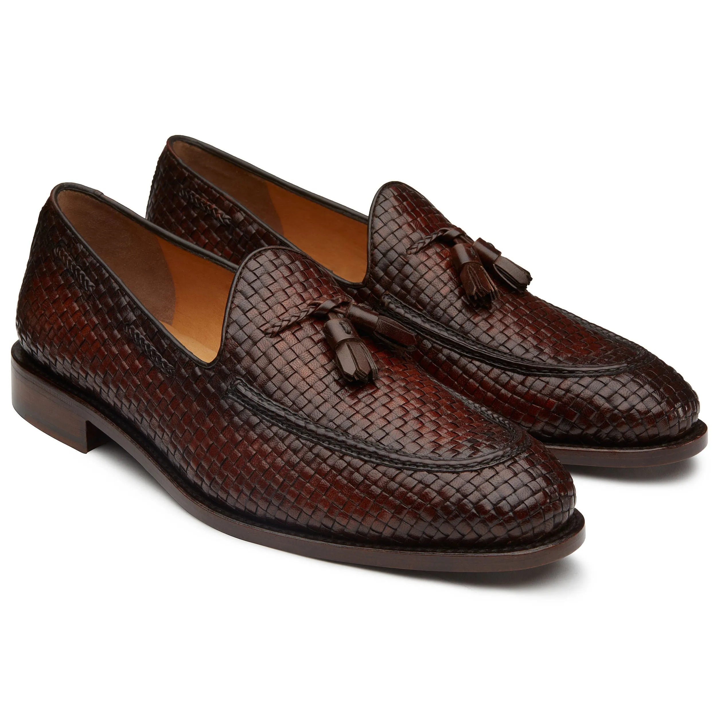 Men's Cognac Braided Leather Tassel Welted Loafers