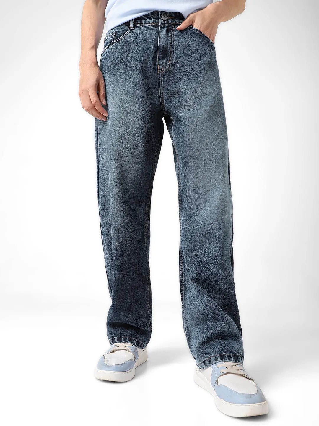 Men's Dark Blue Loose Baggy Fit Washed Jeans Non-Stretchable