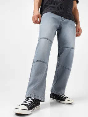 Men's Grey Loose Baggy Fit Cut and Sew Panelled Jeans Non-Stretchable