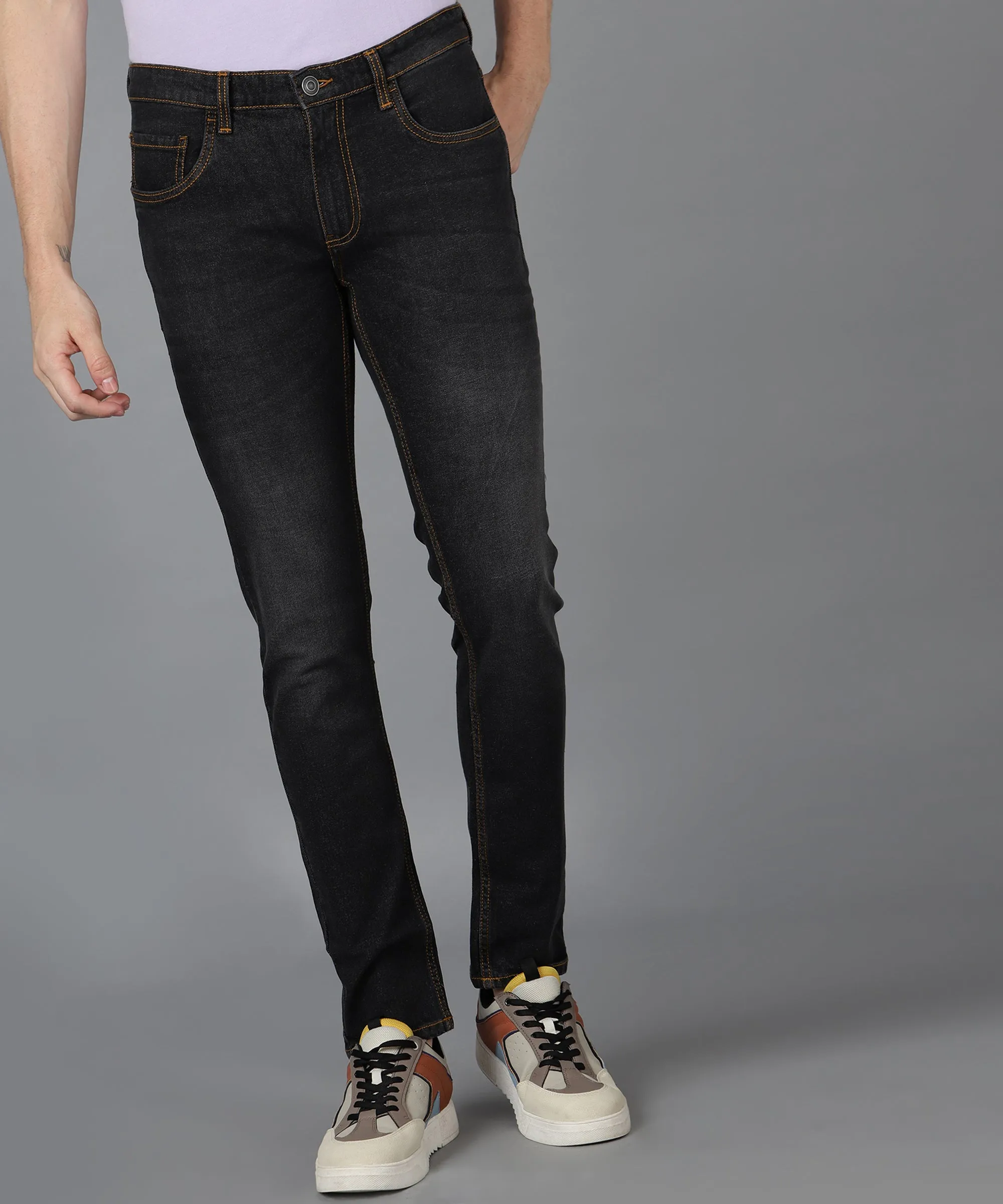 Men's Grey Slim Fit Washed Jeans Stretchable