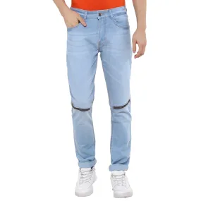 Men's Ice Blue Slim Fit Zippered Jeans Stretch