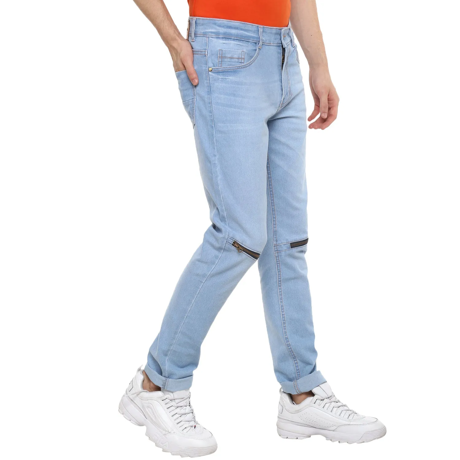 Men's Ice Blue Slim Fit Zippered Jeans Stretch