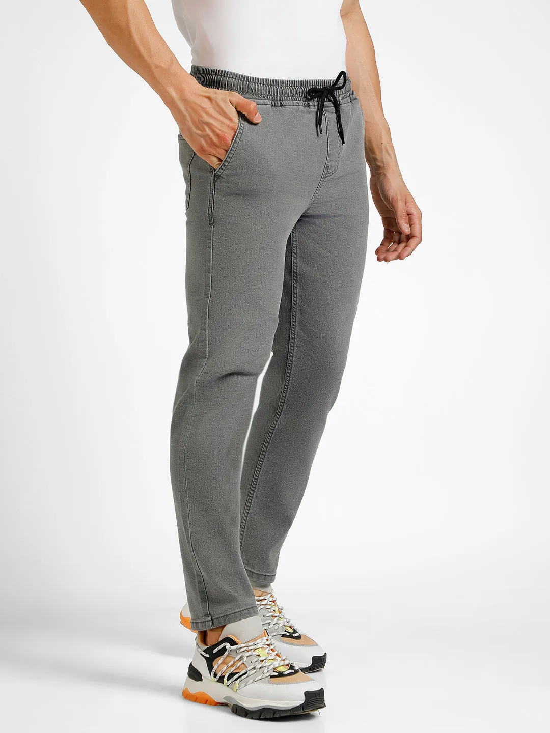 Men's Light Grey Regular Fit Washed Jogger Jeans Stretchable