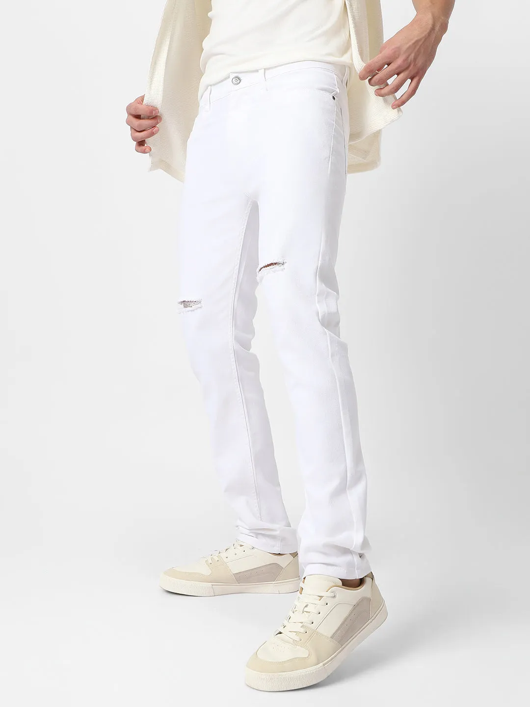 Men's White Knee Slit Distressed Jeans Stretchable