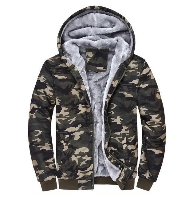 Olive Green Camouflage Zipper Fleece Hoodie