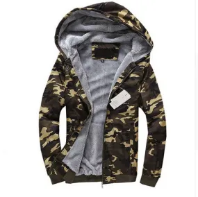 Olive Green Camouflage Zipper Fleece Hoodie