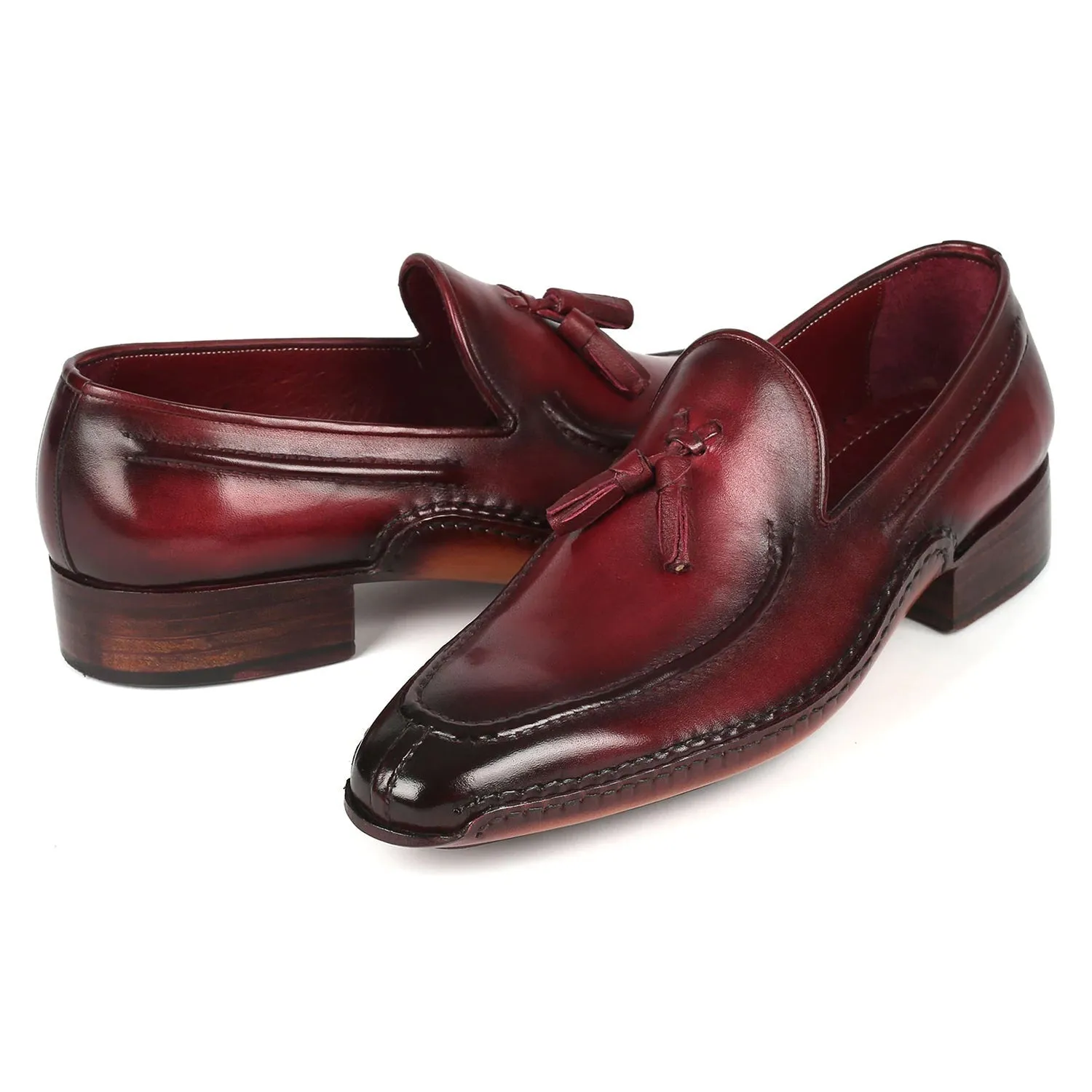 Paul Parkman 082-BRD Men's Shoes Bordeaux Calf-Skin Leather Opanka-Sewed Tassel Loafers (PM6358)