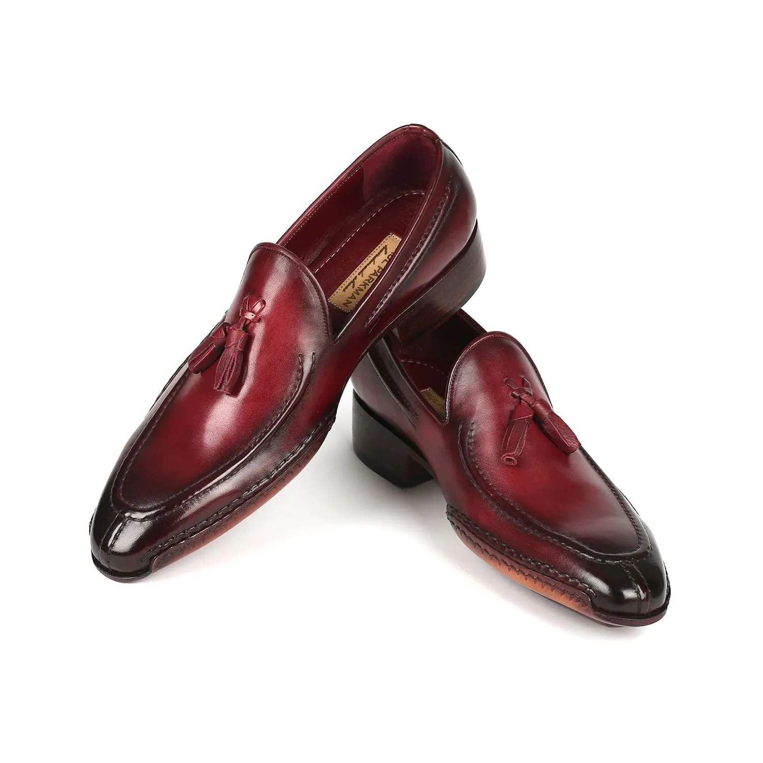 Paul Parkman 082-BRD Men's Shoes Bordeaux Calf-Skin Leather Opanka-Sewed Tassel Loafers (PM6358)