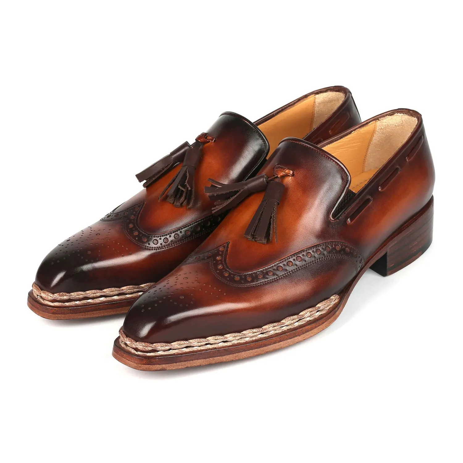 Paul Parkman 8507-BRW Men's Shoes Brown Calf-Skin Leather Norwegian Welted Wingtip Loafers (PM6351)