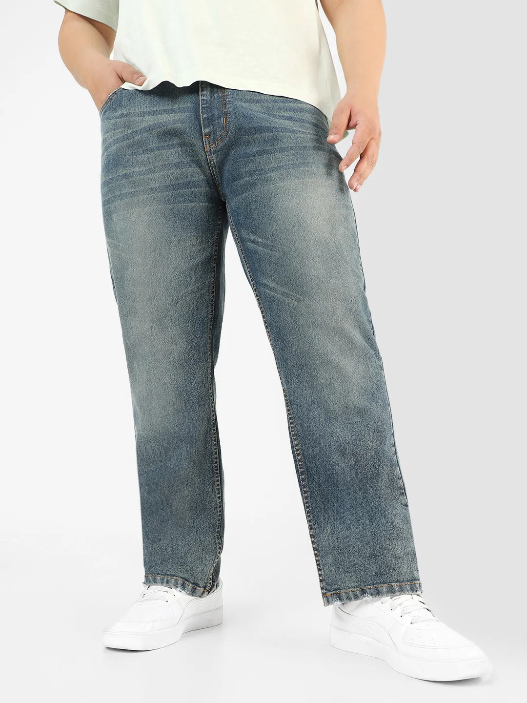 Plus Men's Blue Regular Fit Washed Jeans Stretchable