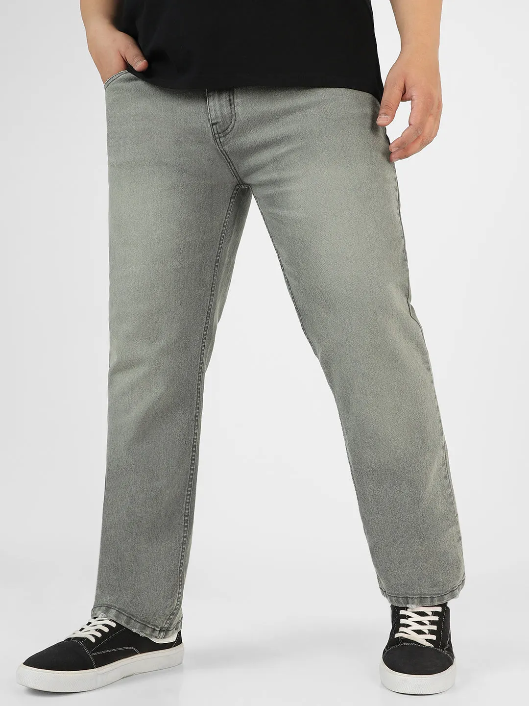 Plus Men's Grey Regular Fit Washed Jeans Stretchable