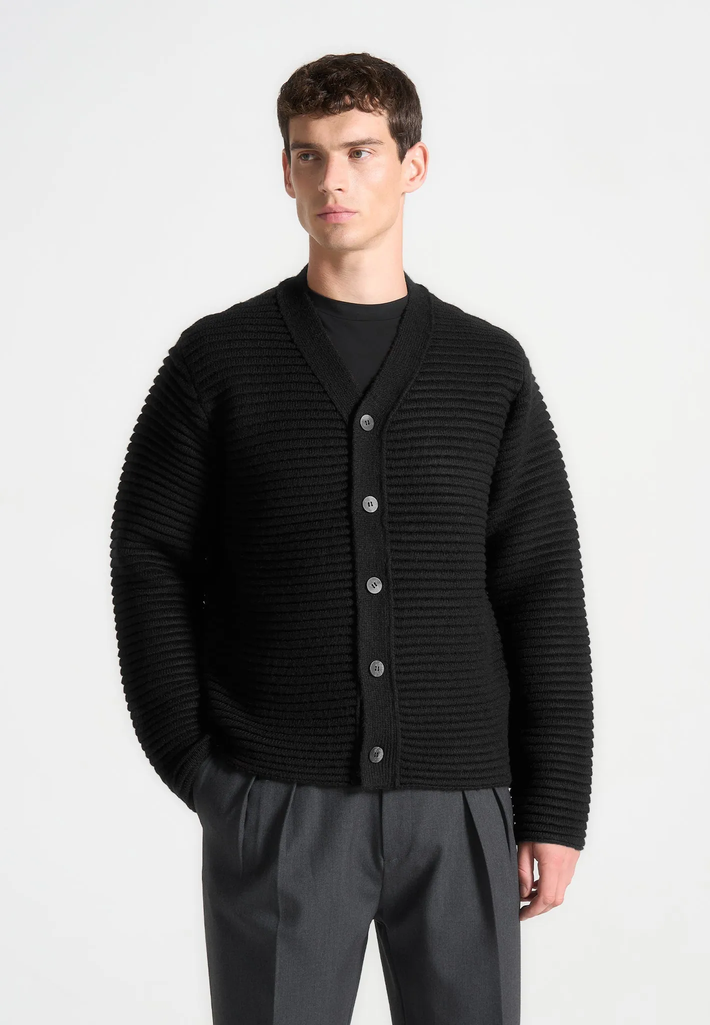 Ribbed Knit Cardigan - Black