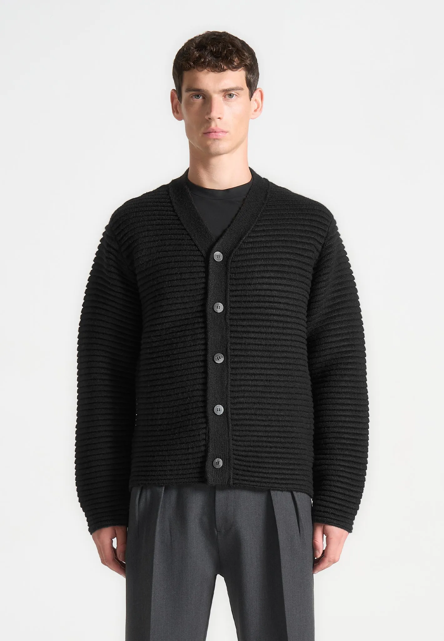 Ribbed Knit Cardigan - Black