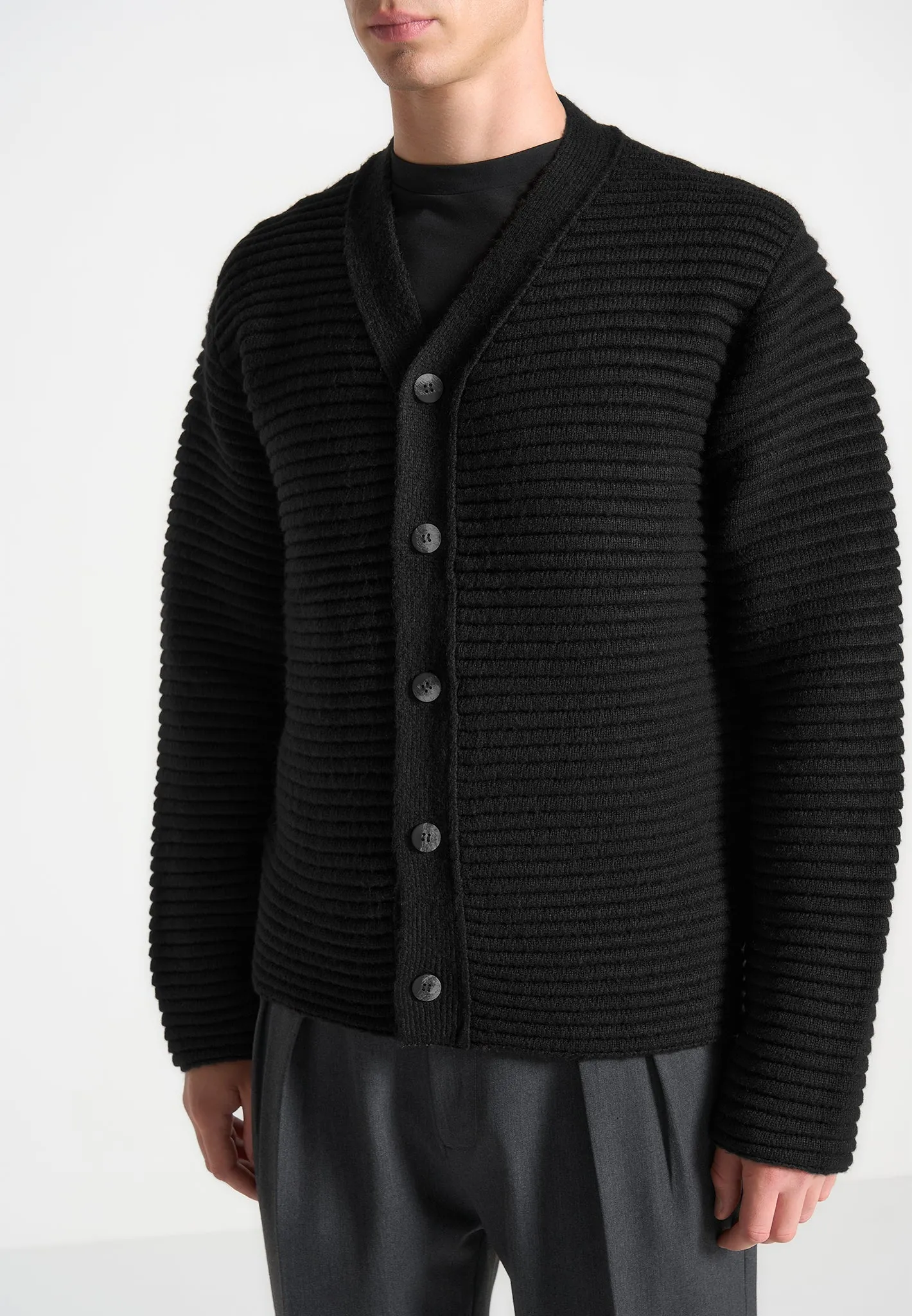 Ribbed Knit Cardigan - Black