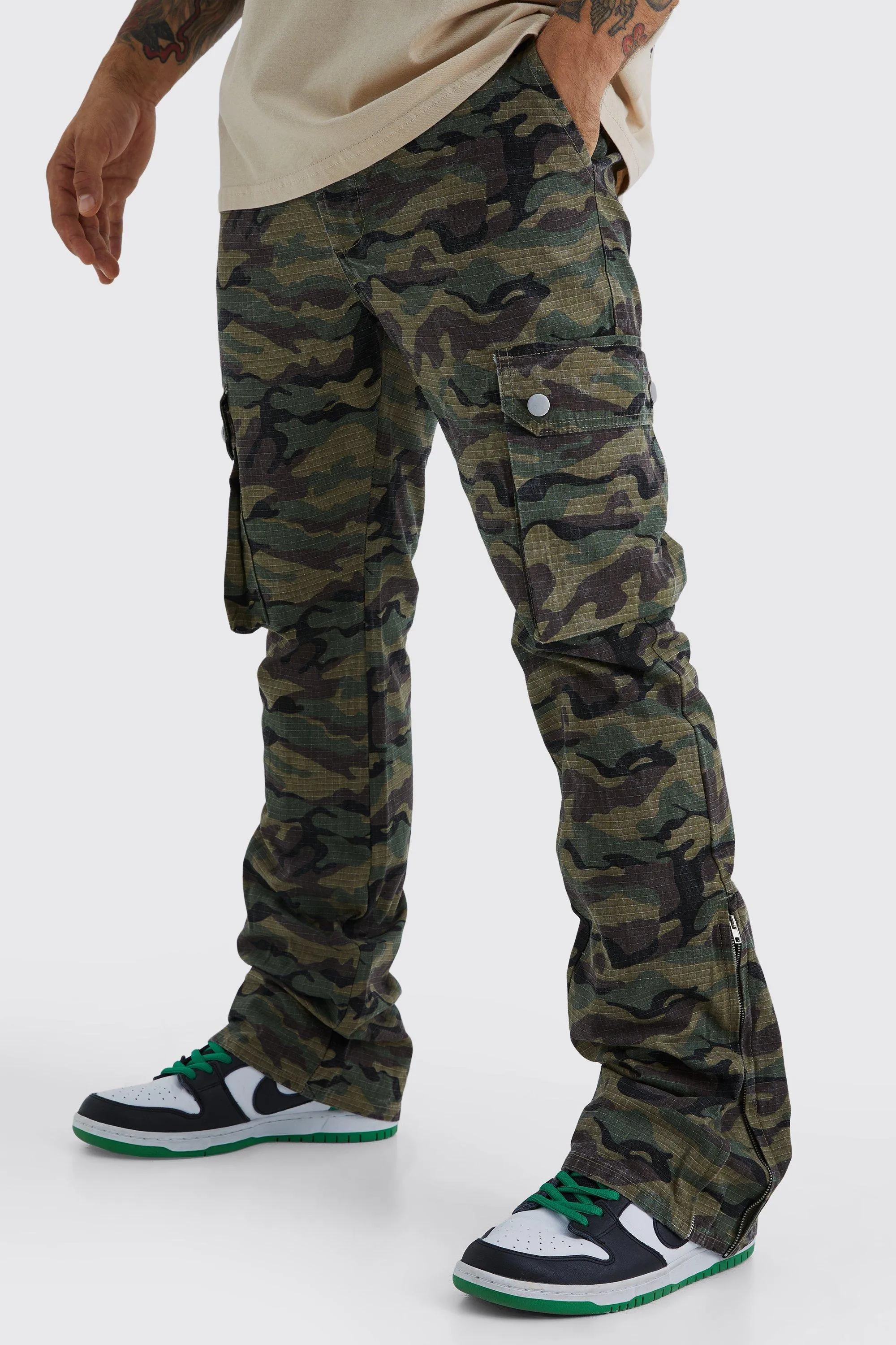 Slim Stacked Zip Gusset Cargo Camo Ripstop Pants